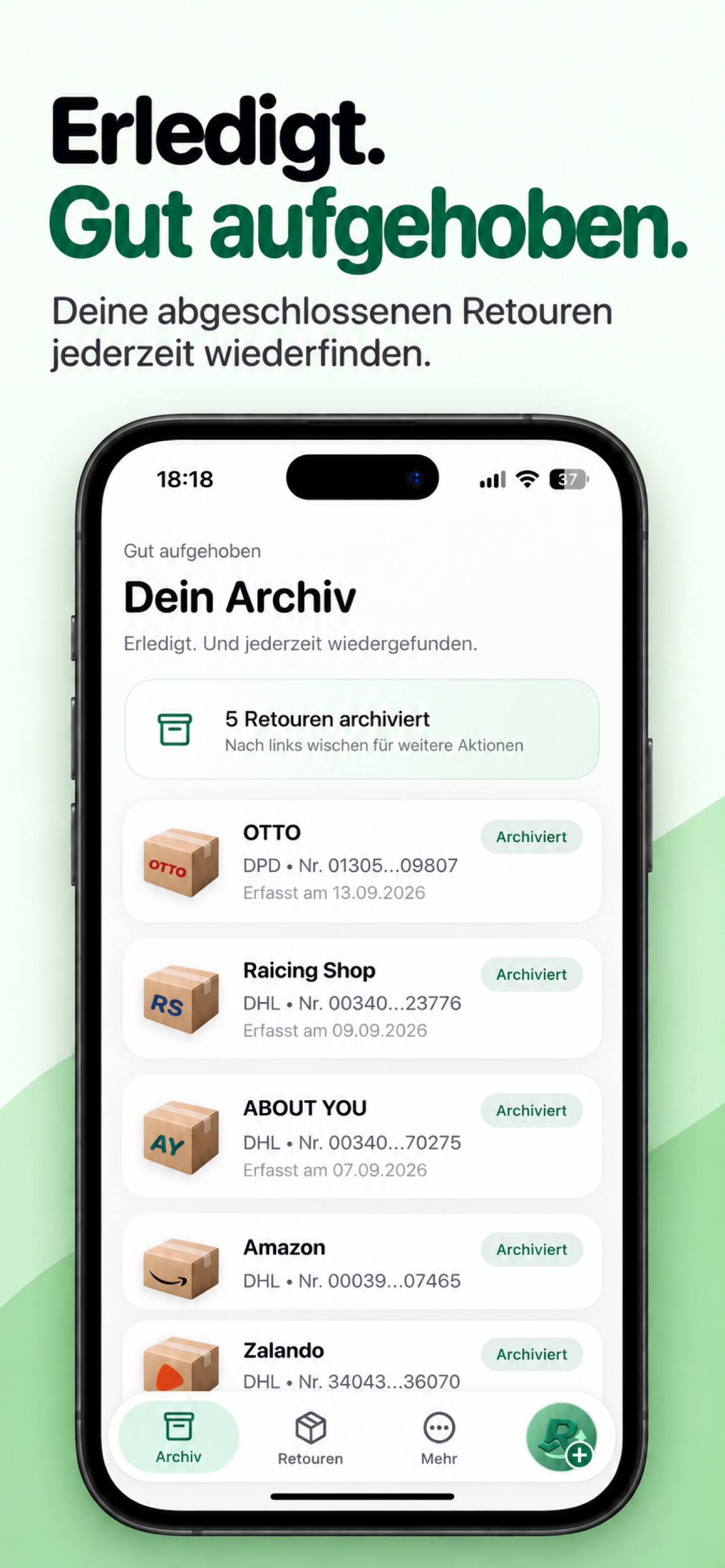Archivansicht in RetourMe