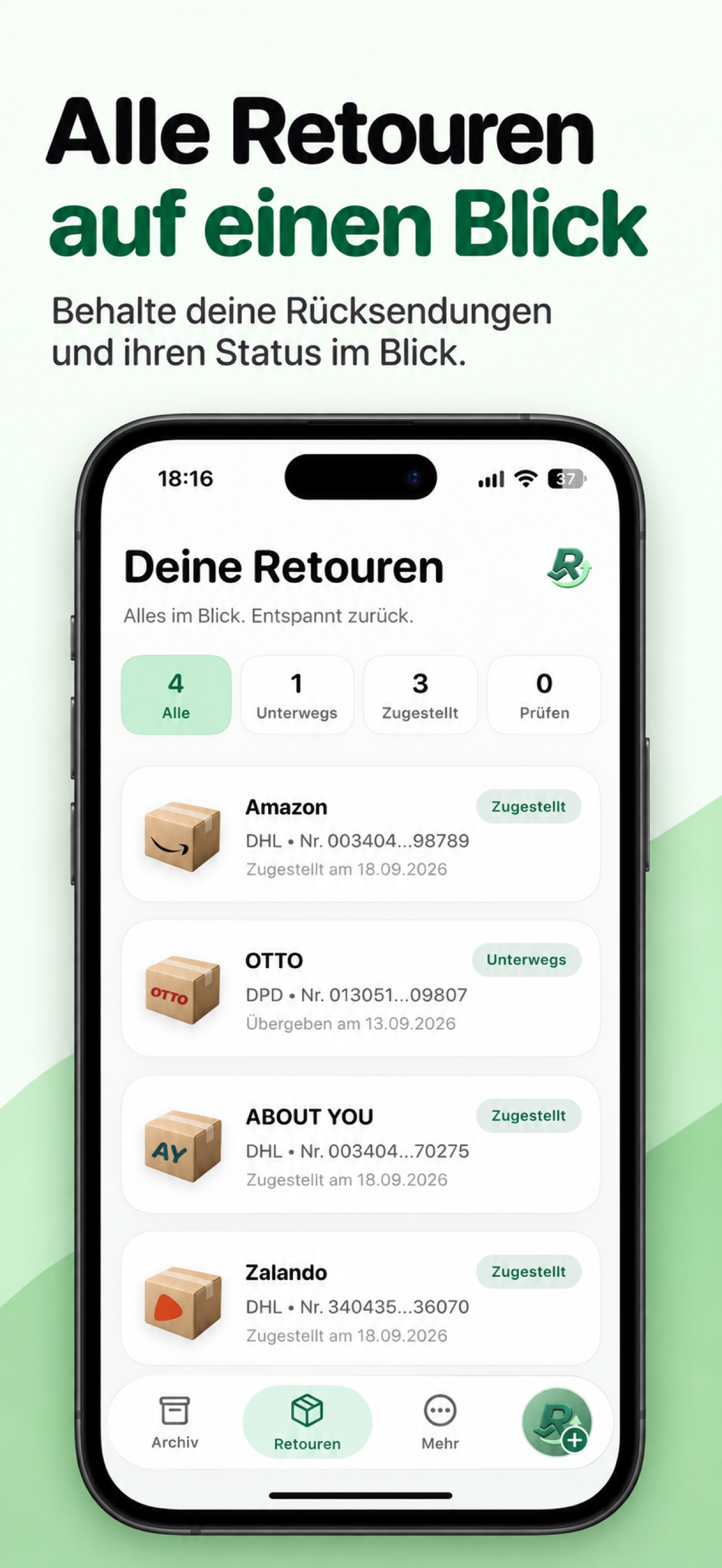 RetourMe Übersicht mit offenen Retouren